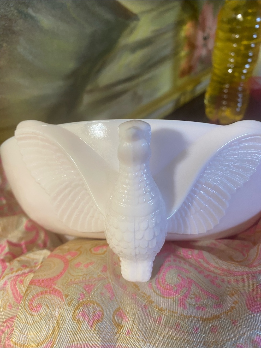 Jeanette Milk Glass GLOWING Three Footed “Pheasant” Bowl